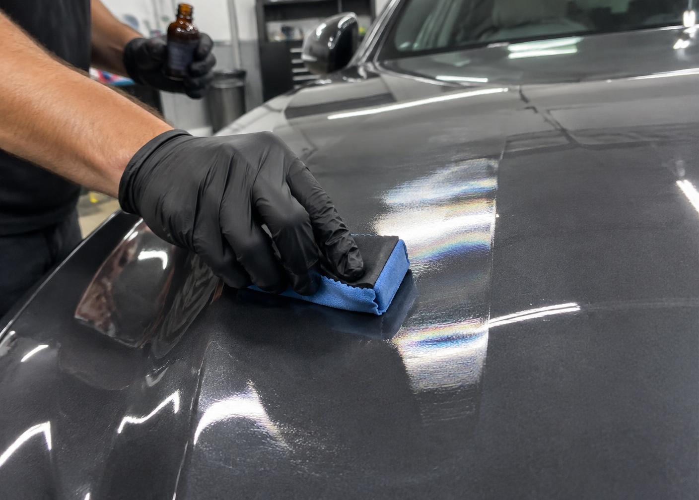 Ceramic coating applied by hand to a car panel