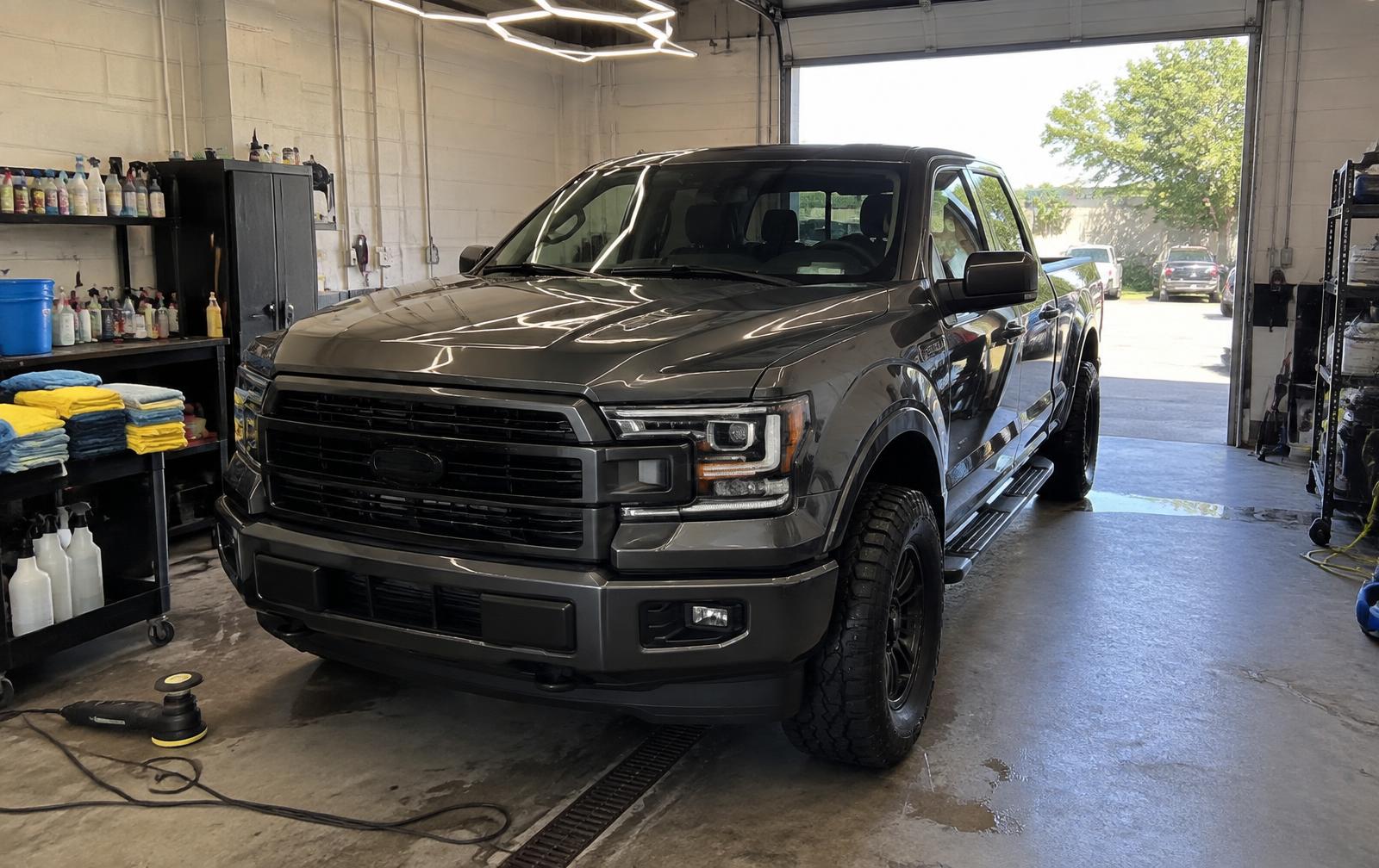 Freshly ceramic coated truck inside the Dynamic Auto Detailing shop in Salmon Arm