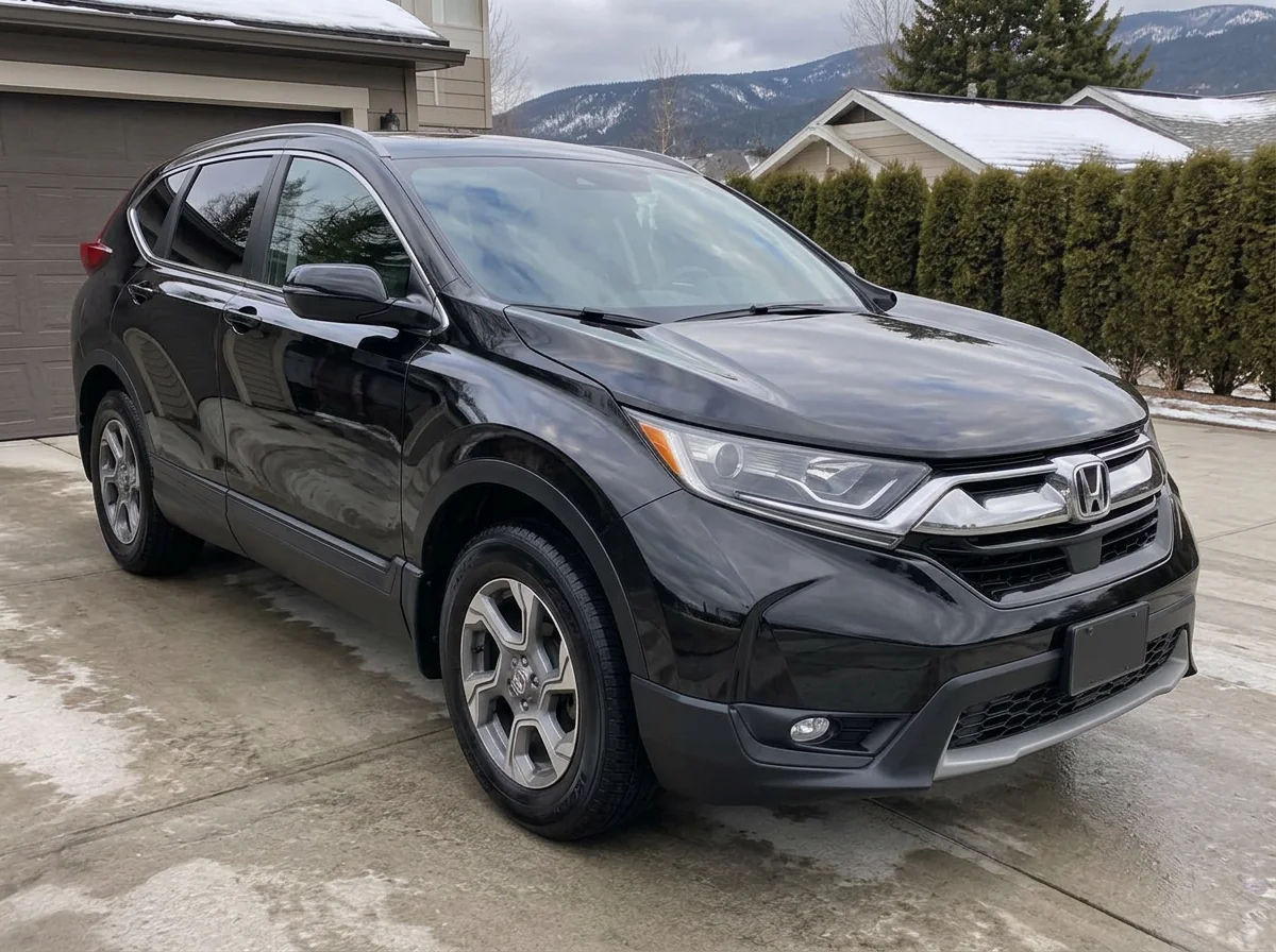 Same black SUV after exterior detailing with glossy clean paint and dressed tires