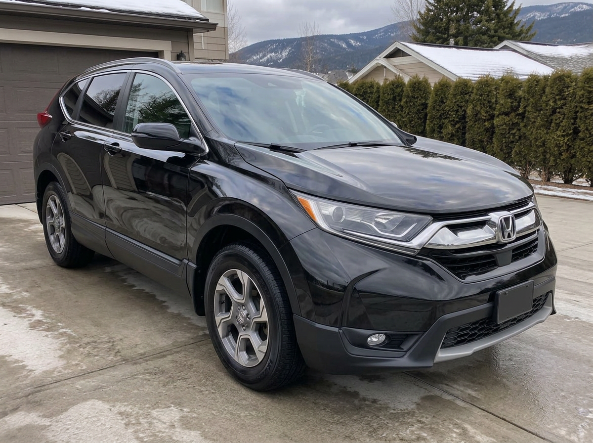 Same black SUV after exterior detailing with glossy clean paint and dressed tires