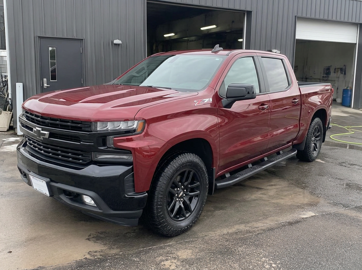 Same dark red pickup truck after exterior detailing with clean glossy paint