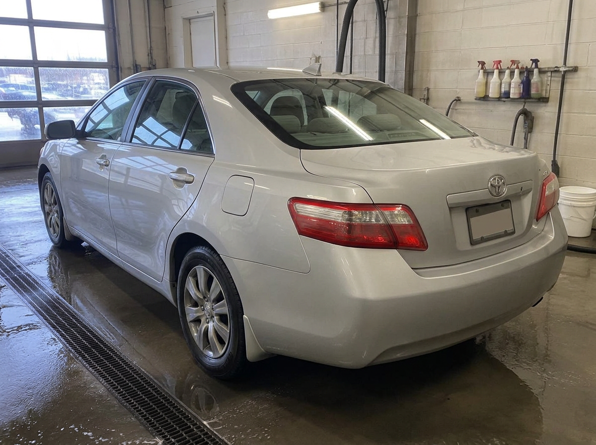 Same silver sedan after exterior detailing with glossy paint, clean glass and wheels