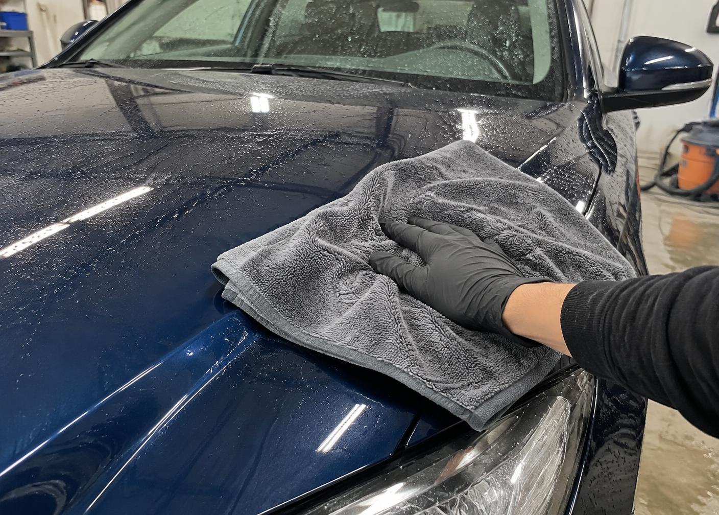 Vehicle paint being dried with a microfiber towel