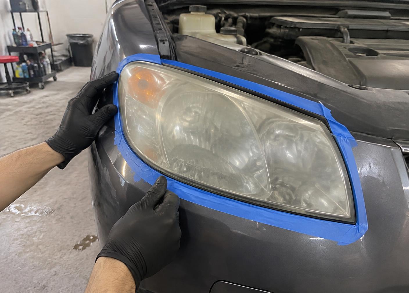 Headlight and surrounding paint carefully masked