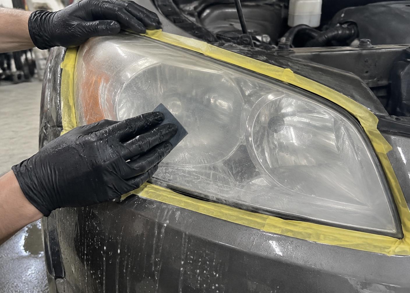 Headlight lens receiving progressive wet sanding