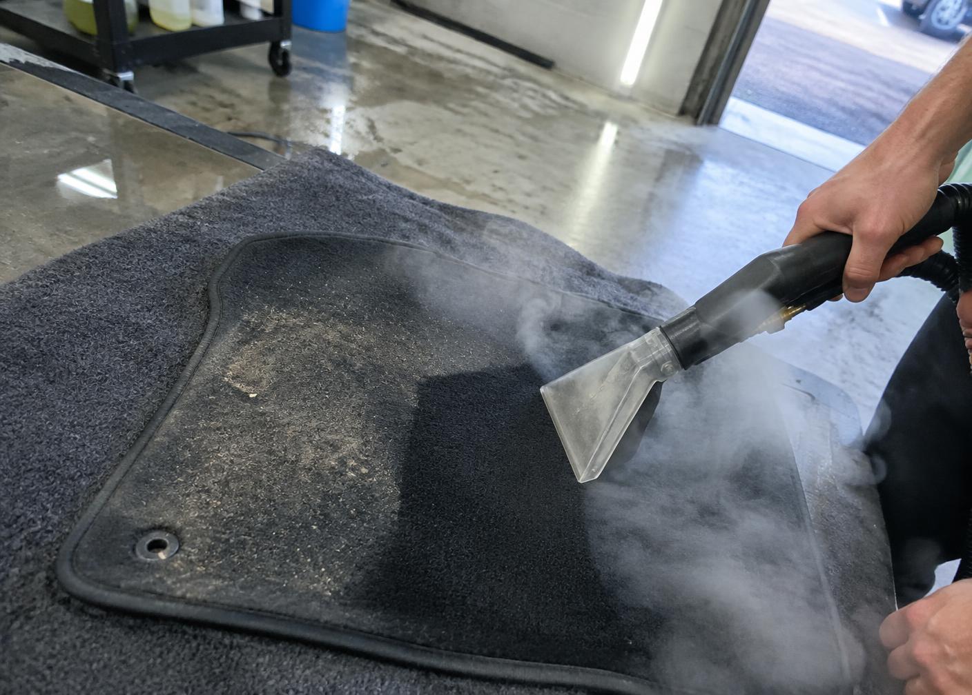Steam and extraction cleaning a car floor mat in the shop