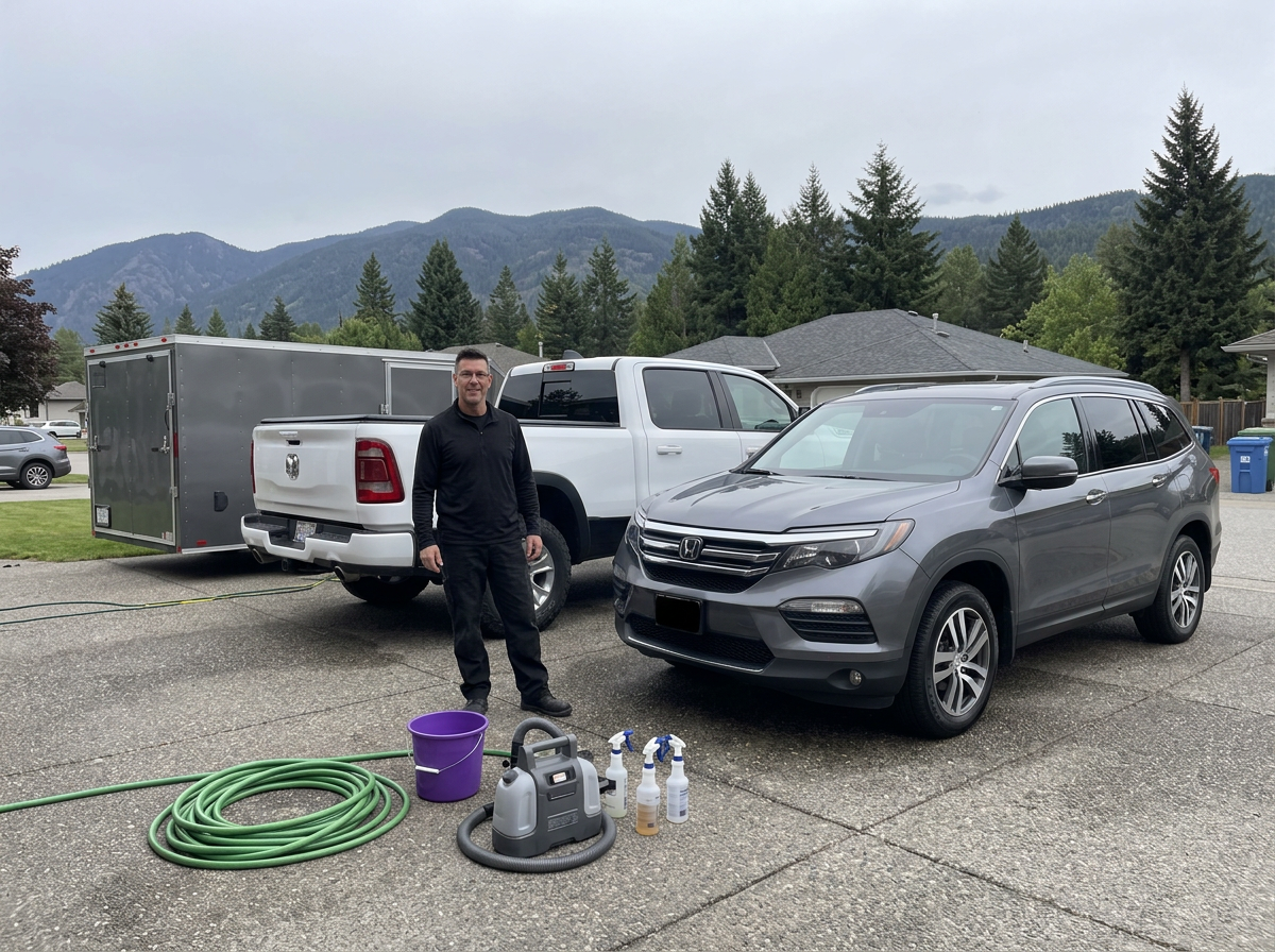 Peter with his mobile detailing truck and trailer set up in a Sicamous driveway