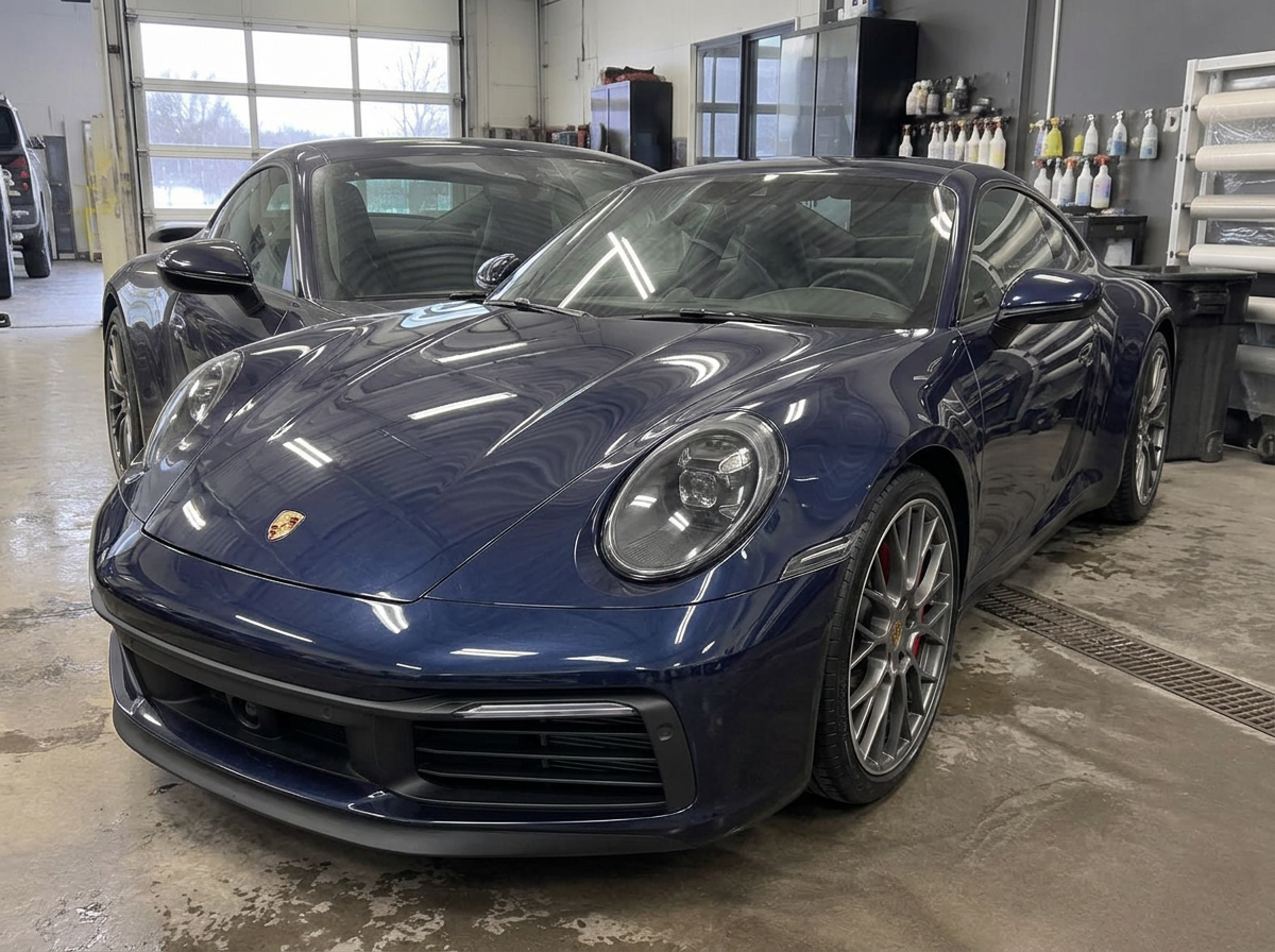Same dark blue Porsche 911 after paint protection film installation