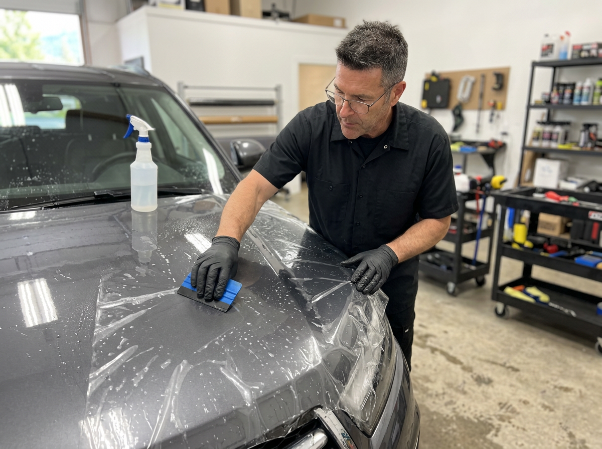 Peter installing clear paint protection film across a vehicle hood