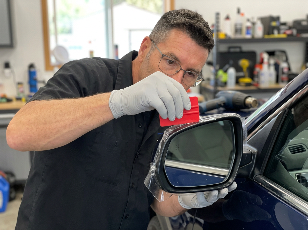 Peter finishing paint protection film around a vehicle mirror