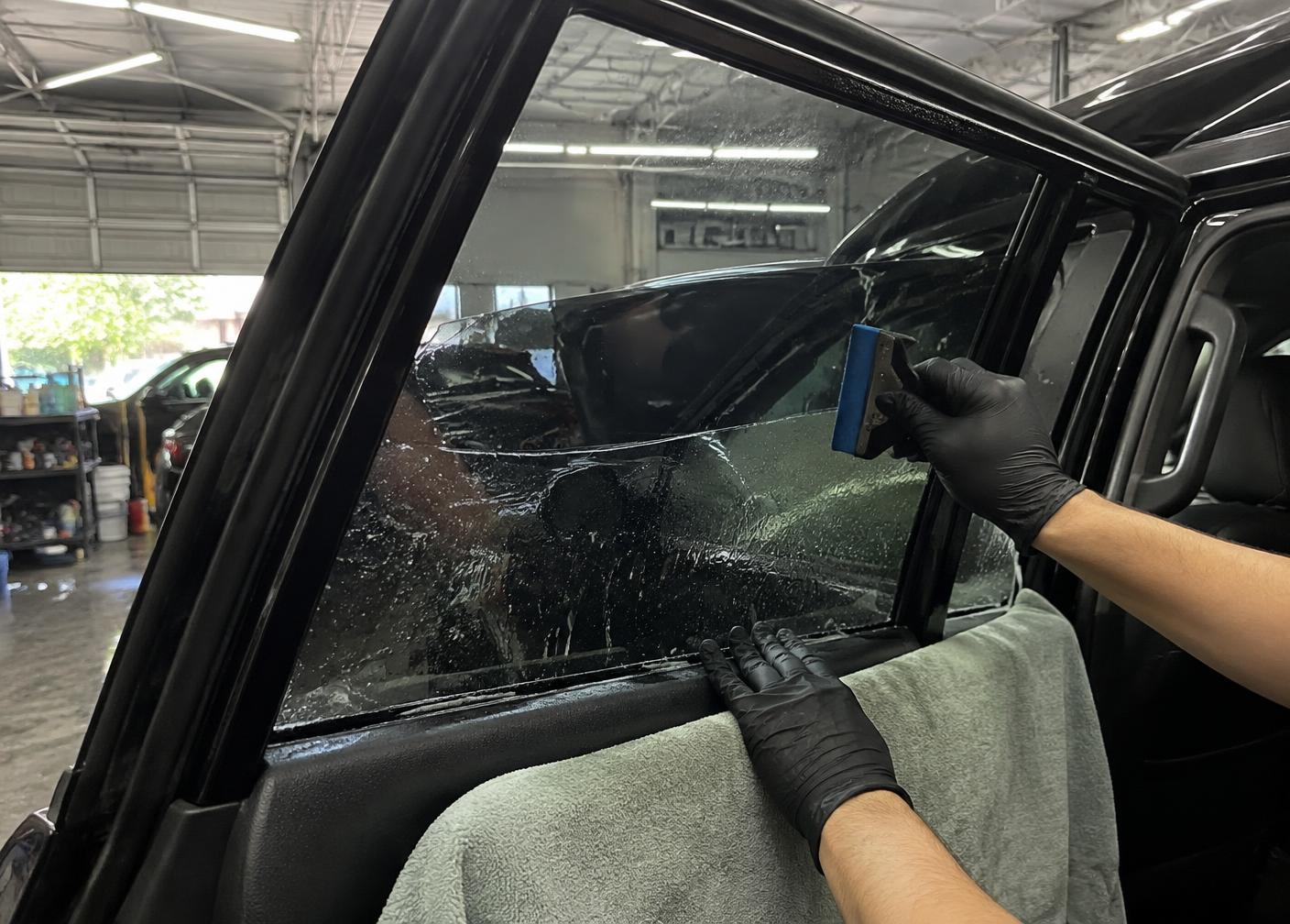 Tint film installed and smoothed on side glass
