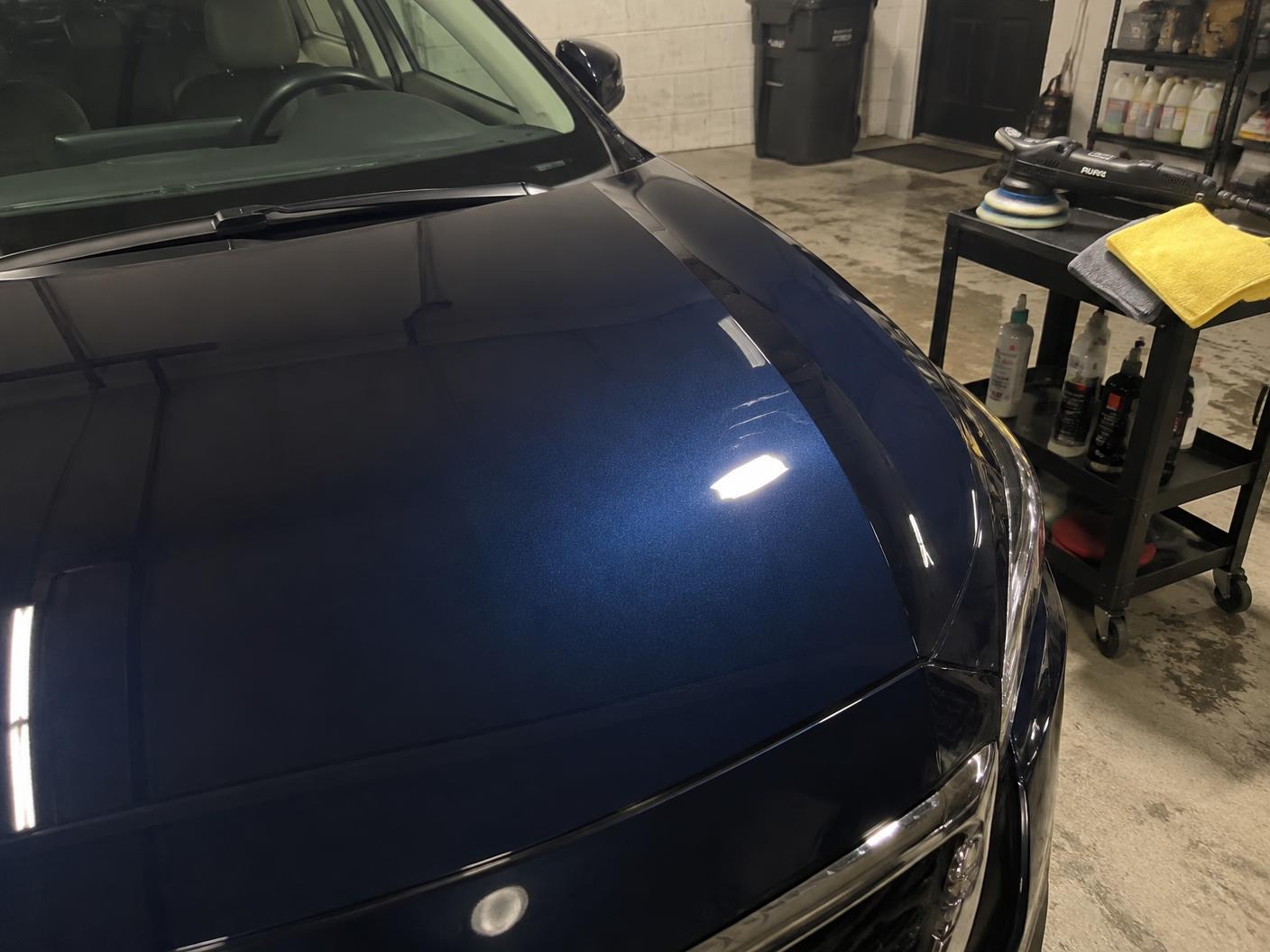 Dark blue bonnet reflecting a work light after machine polishing
