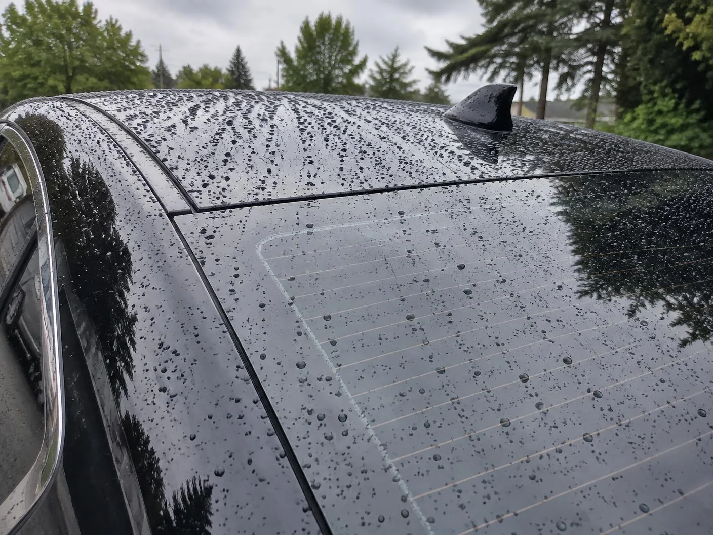 Water beading on the coated roof and rear glass of a black sedan