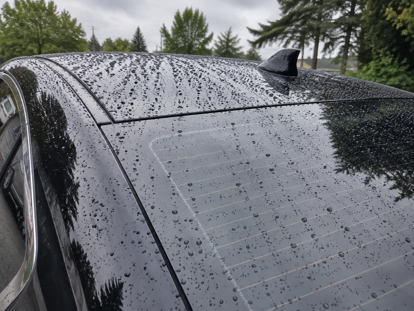 Water beading on the coated roof and rear glass of a black sedan